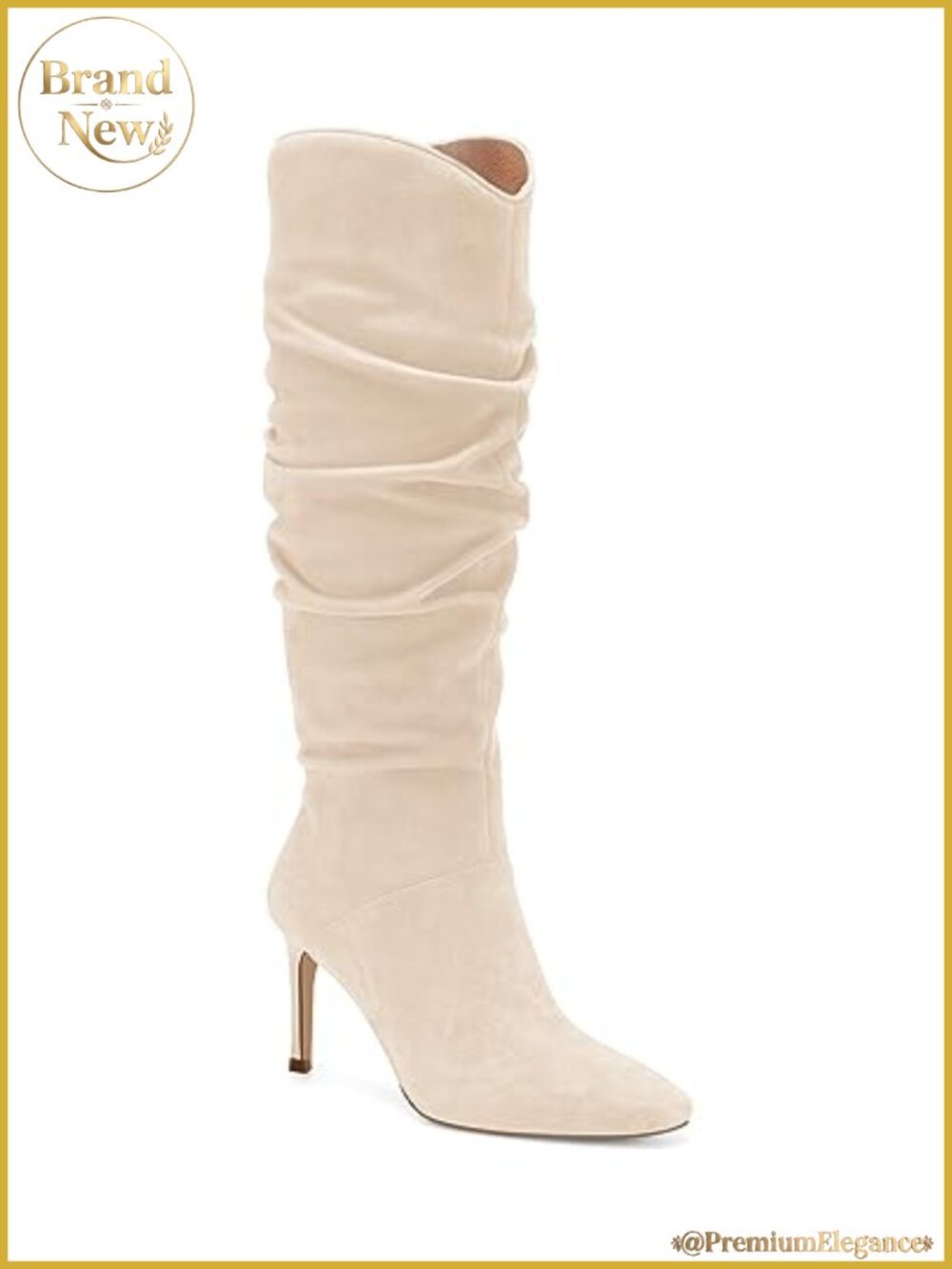 Faux Suede Knee High Boots Almond Toe Stiletto Heel Slouchy Side Zipper